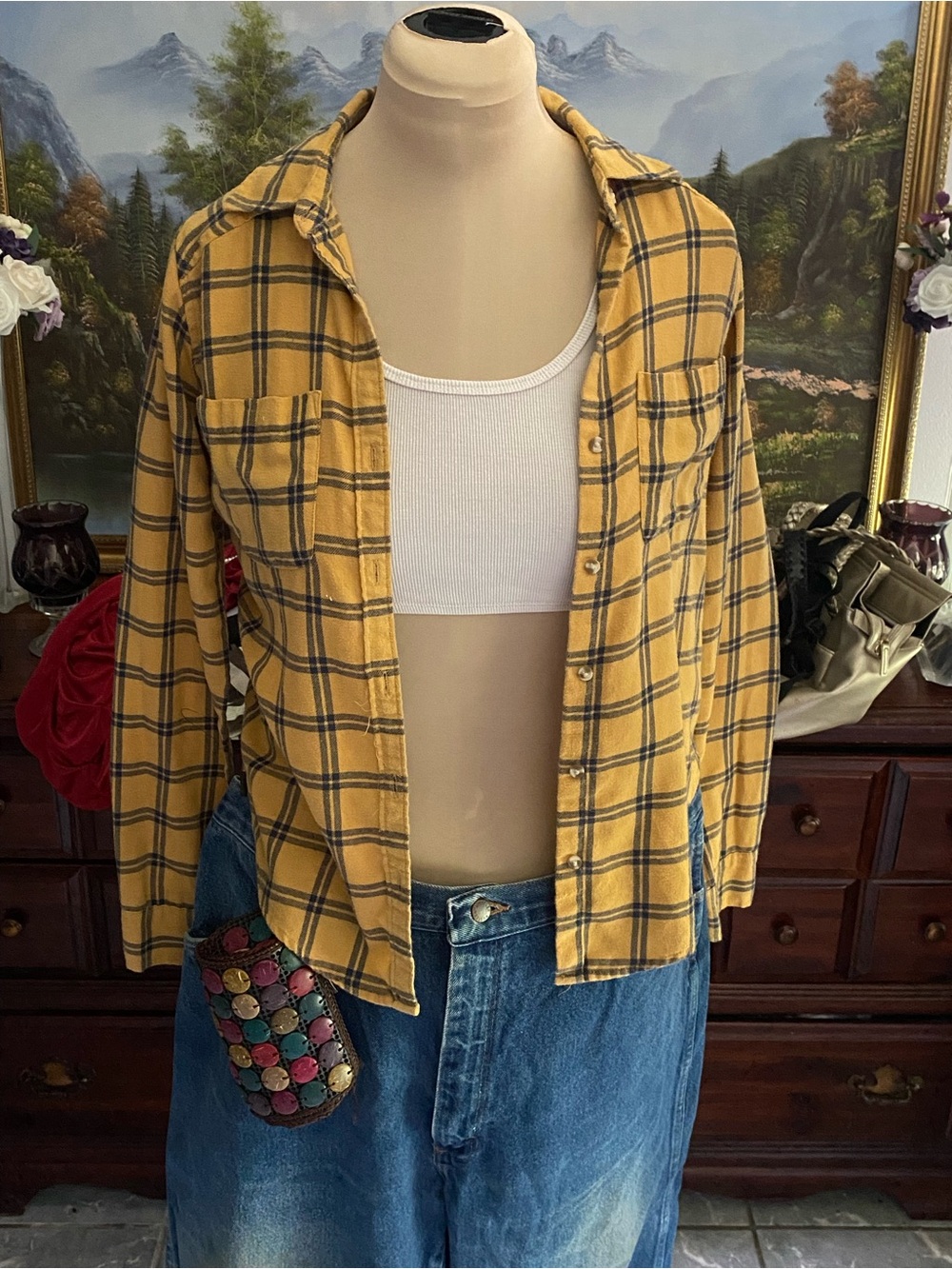 Hollister Mustard Yellow Plaid Shirt with Navy Stripes